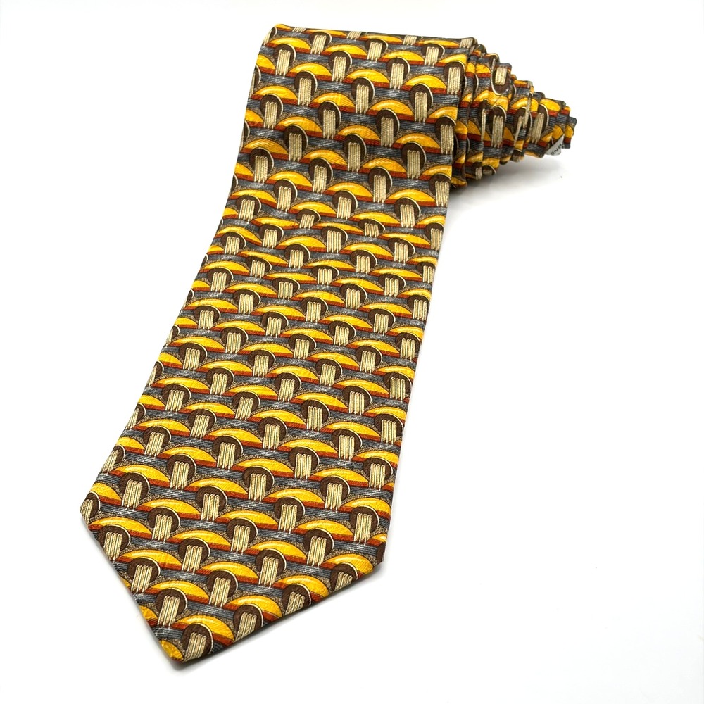 Ermenegildo Zegna Silk Tie Mens Yellow Brown Geometric Abstract Made in Italy